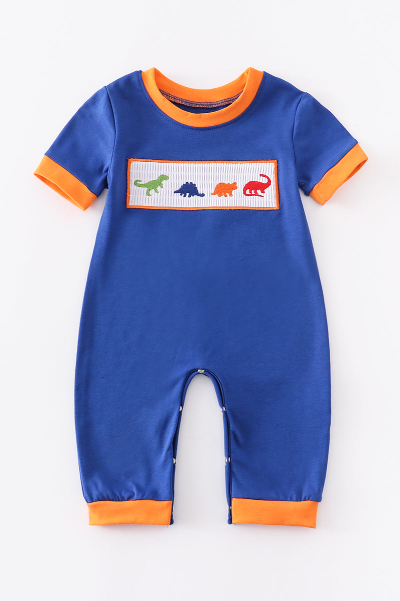 Navy dinosaur embroidery smocked boy romper