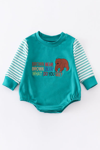 Green bear embroidery boy baby romper