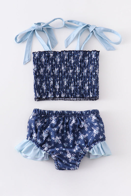 Navy print girl swimsuit set