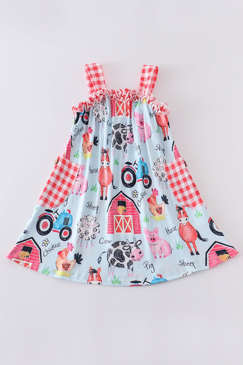 Blue farm animals girl dress