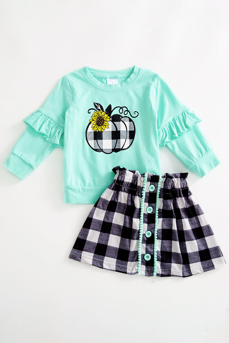 Mint plaid pumpkin skirt outfit