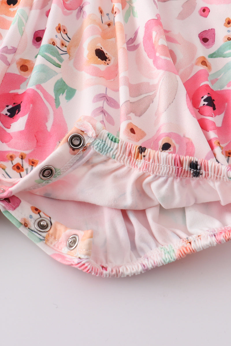 Pink floral ruffle baby romper