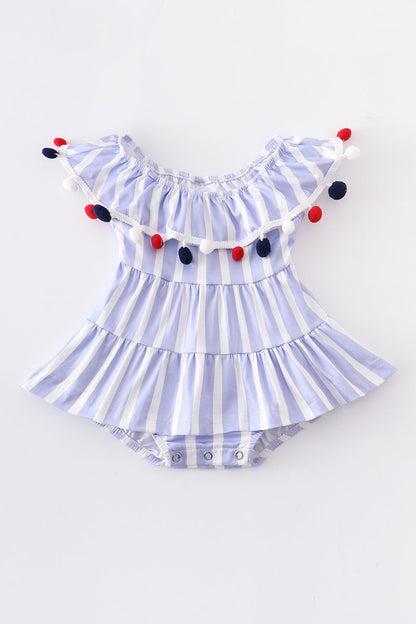 Blue stripe pom pom ruffle baby romper