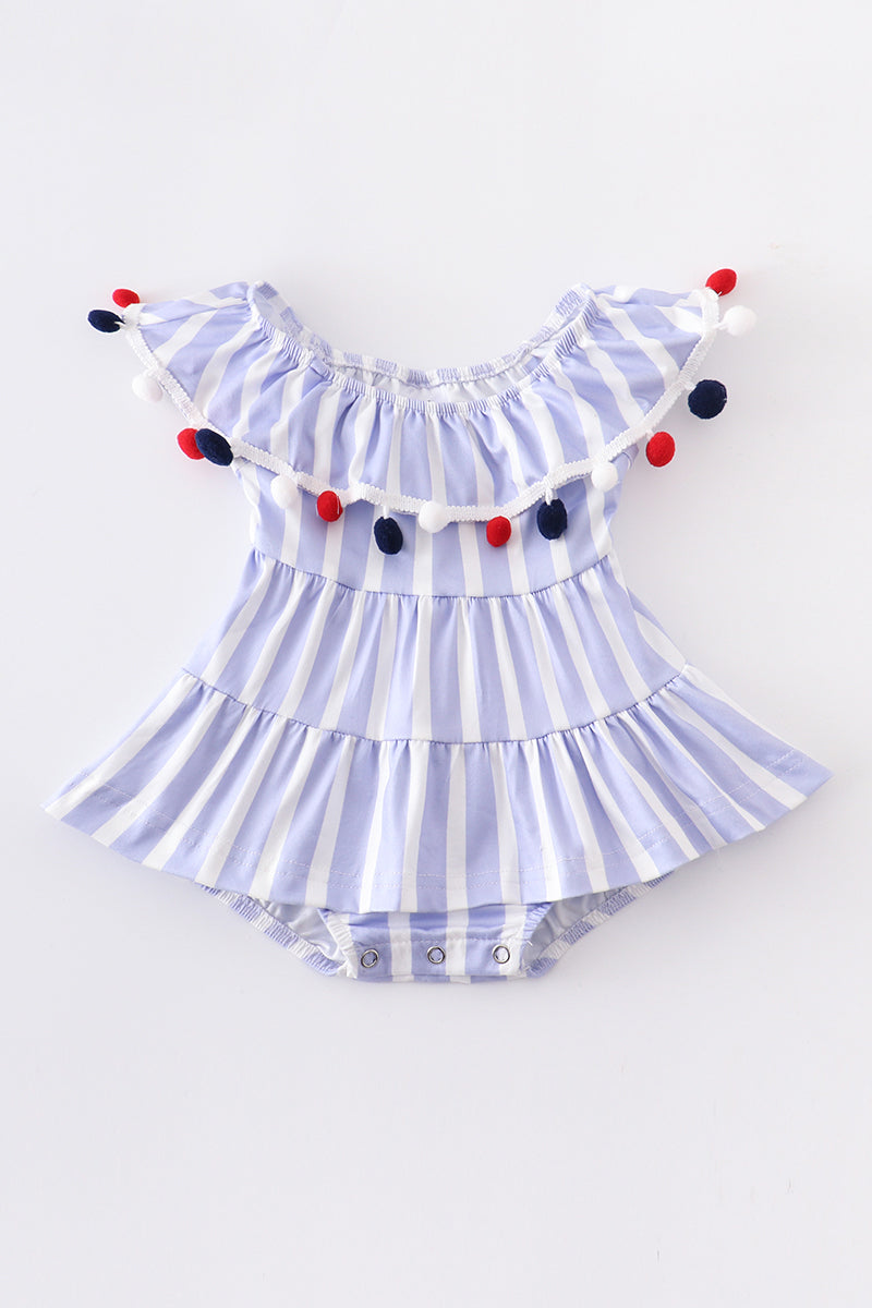 Blue stripe pom pom ruffle baby romper 6M