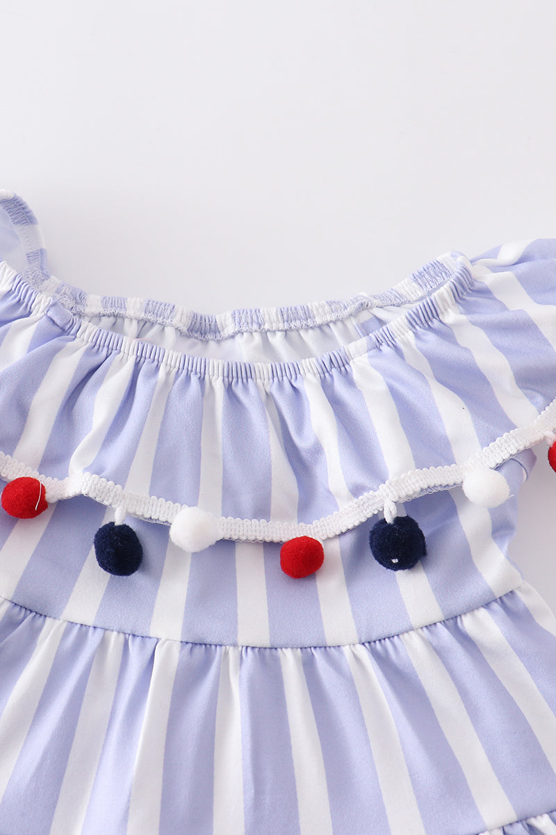 Blue stripe pom pom ruffle baby romper 12M