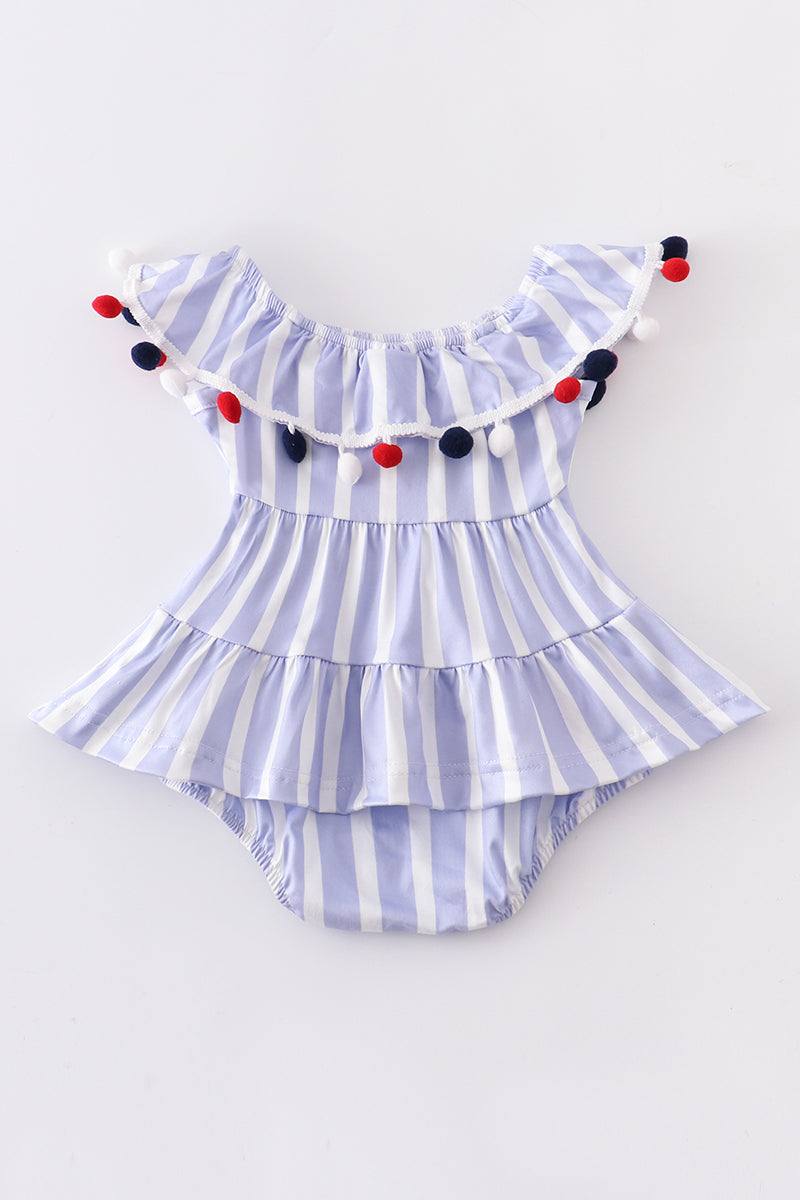 Blue stripe pom pom ruffle baby romper