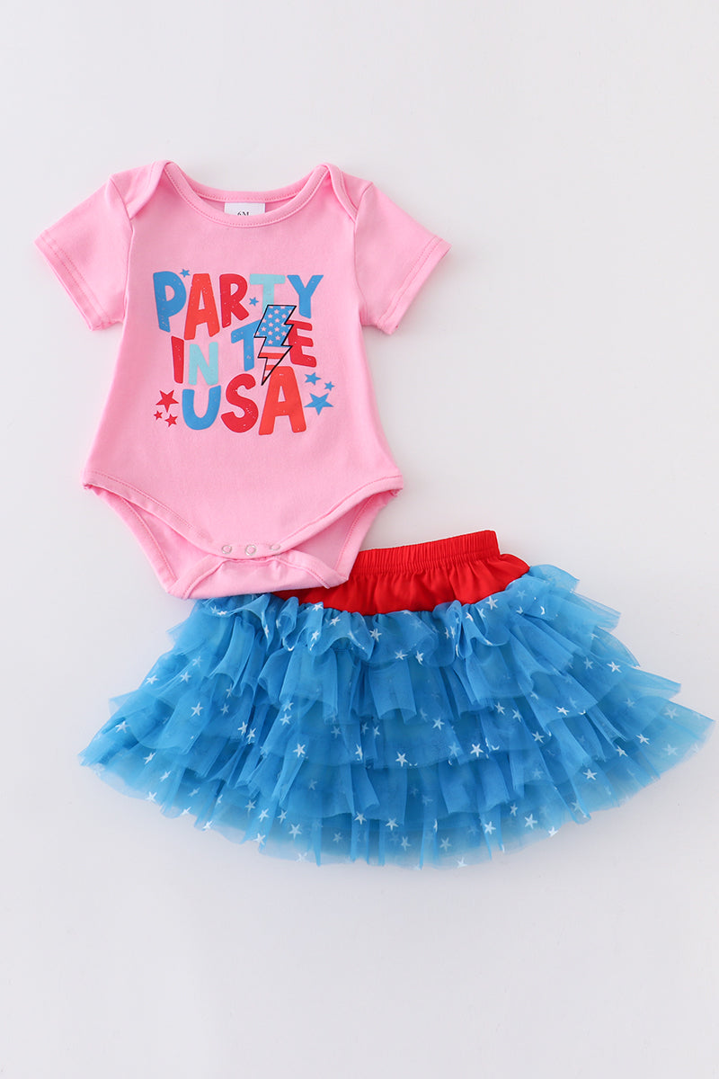 Pink "party in the usa" baby skirt set 6M