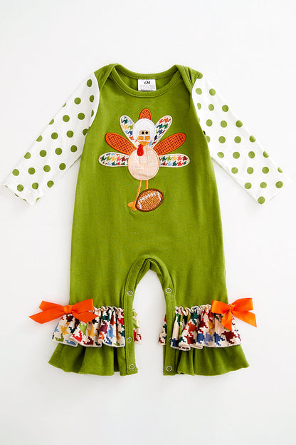 Green turkey applique ruffle baby romper 6M